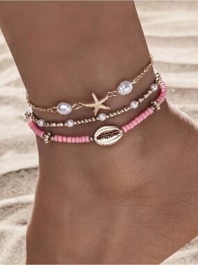 Gold Starfish & Pink Bead Layered Anklet Set by
